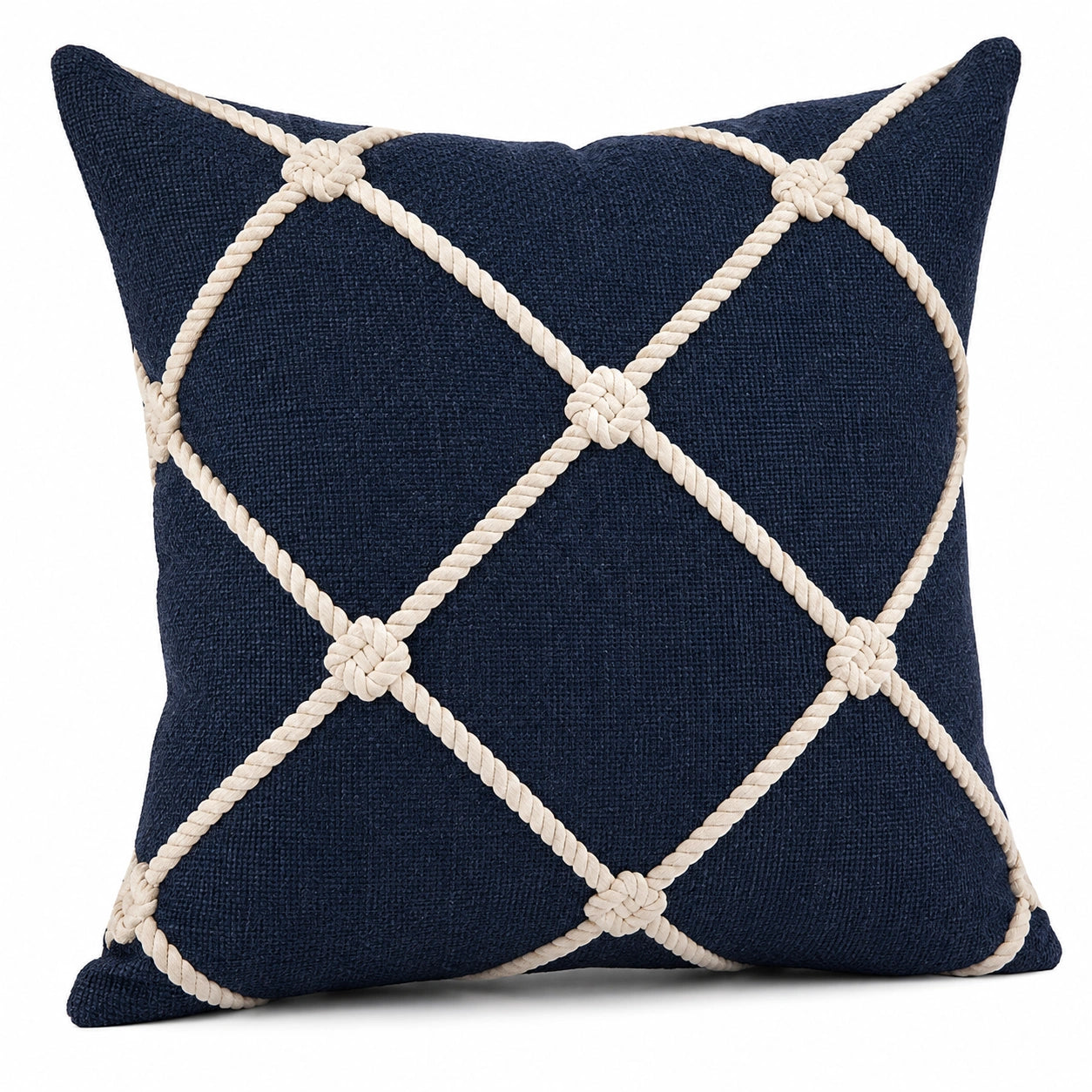 Zierkissen 45 x 45 cm Dunkelblau Creme Textil mit Seilraster