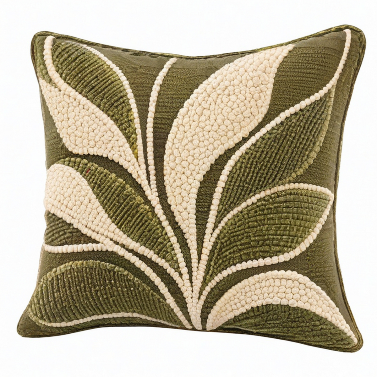 Dekokissen 45 x 45 cm Textil Olivgrün Creme Wohnaccessoire mit Blattrelief