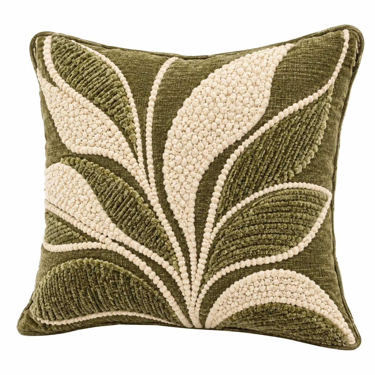 Dekokissen 45 x 45 cm Textil Olivgrün Creme Wohnaccessoire mit Blattrelief