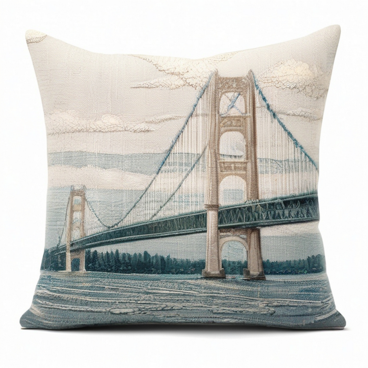 Dekokissen 45 x 45 cm Creme Blau Textil mit Brückenmotiv