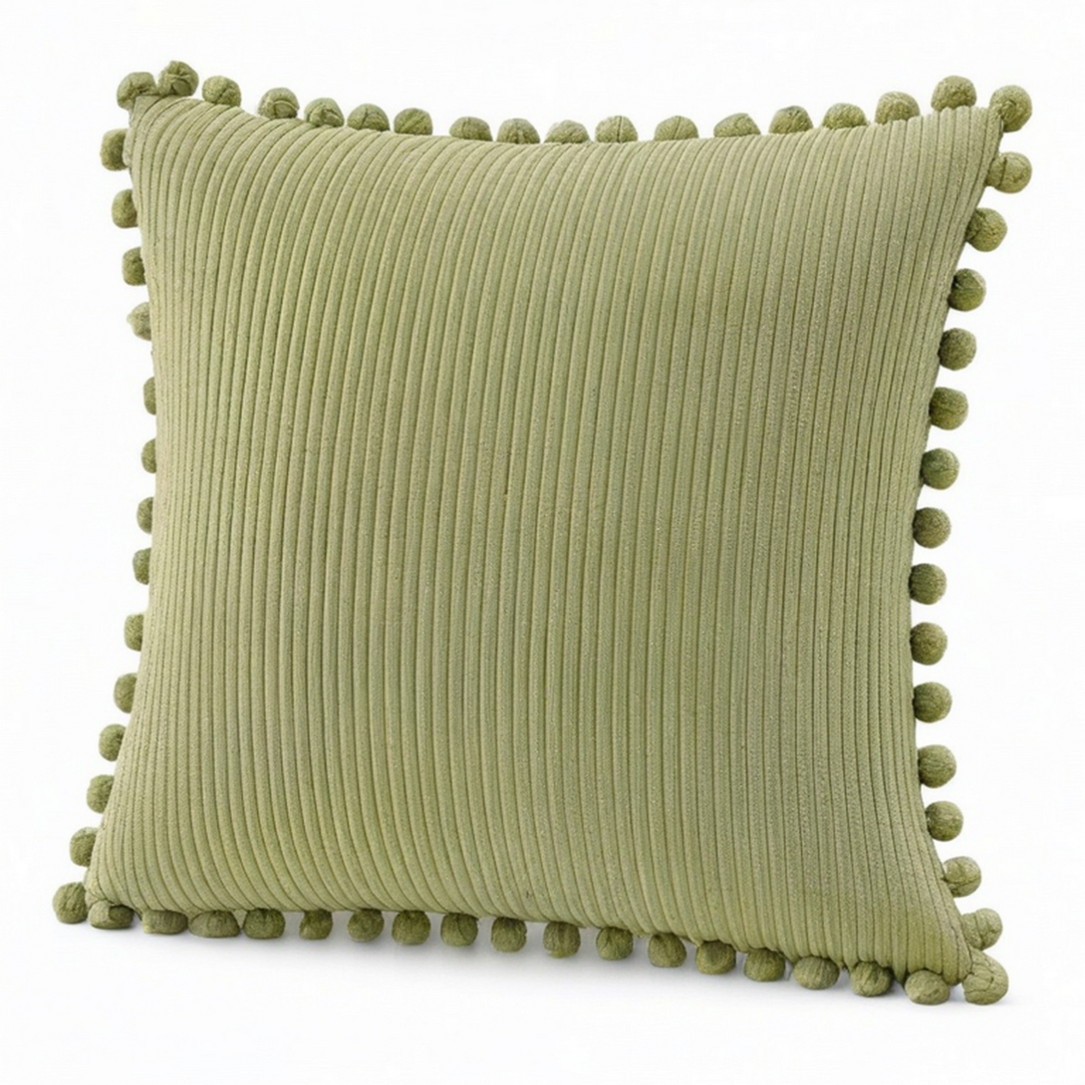 Dekokissen 45 x 45 cm aus geripptem Stoff in Salbeigrün mit Bommelrand