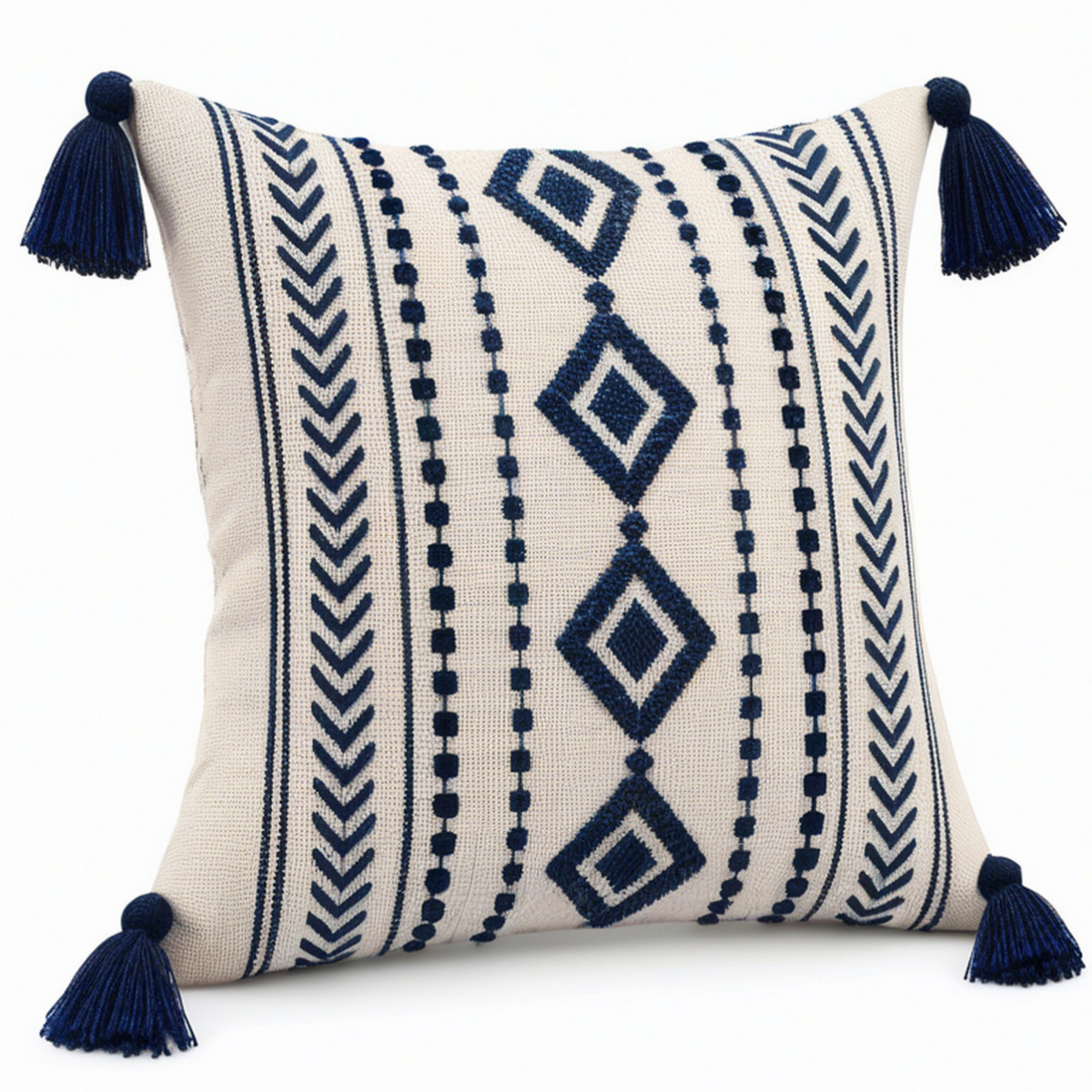 Dekokissen 45 x 45 cm Textil Creme Dunkelblau mit Quasten im Boho-Stil