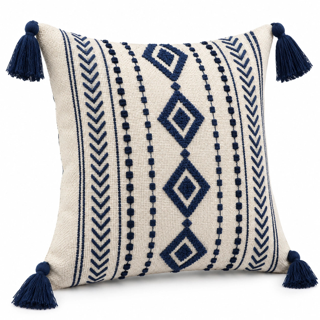 Dekokissen 45 x 45 cm Textil Creme Dunkelblau mit Quasten im Boho-Stil