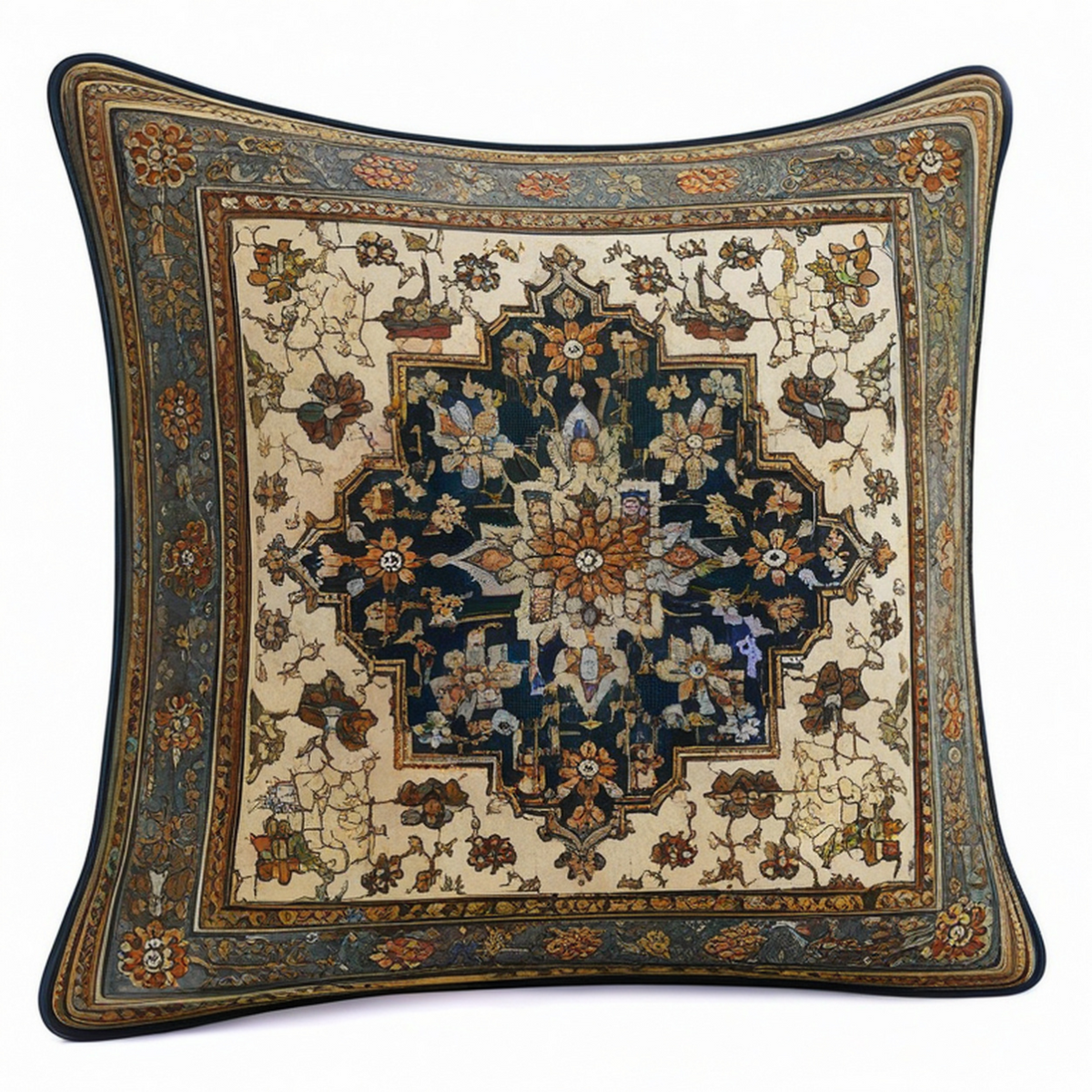 Textil Dekokissen 45 x 45 cm Blau Creme mit floralem Ornamentmuster