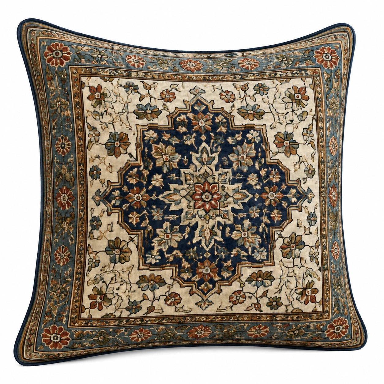 Textil Dekokissen 45 x 45 cm Blau Creme mit floralem Ornamentmuster