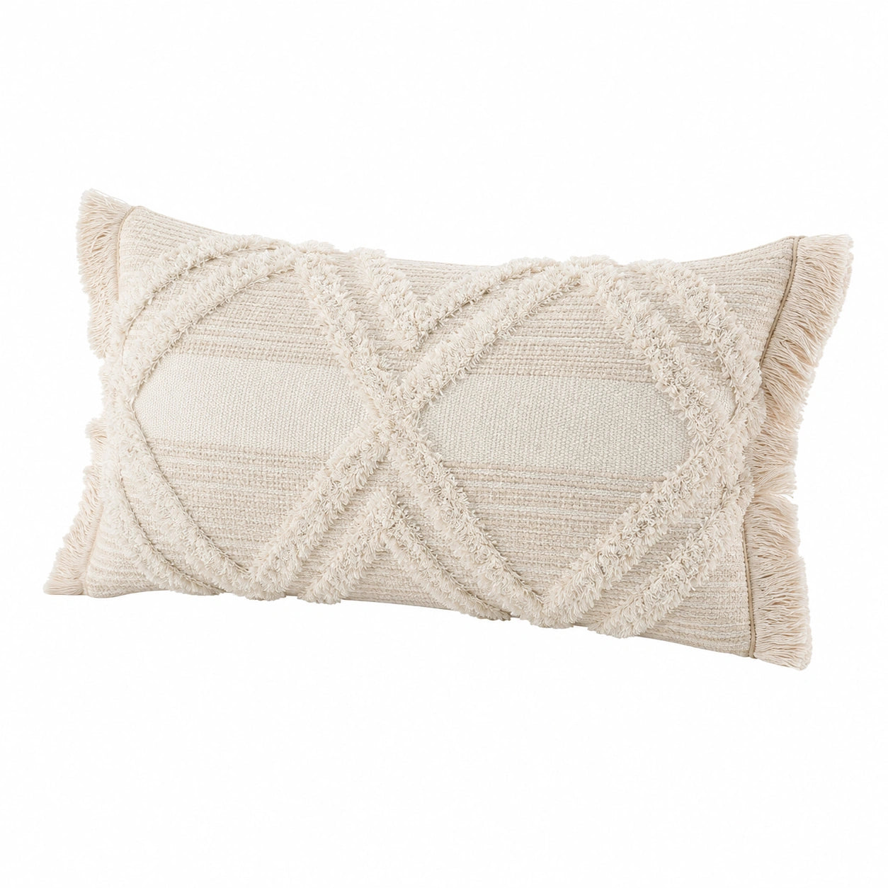 Dekokissen 50 x 30 cm Creme Textil mit Fransen und Strukturmuster
