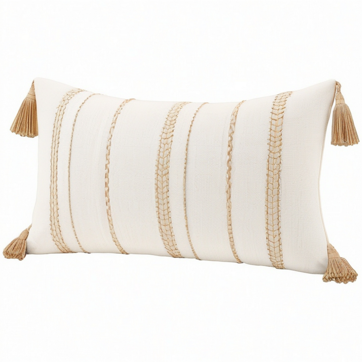 Dekokissen 50 cm x 30 cm aus Webstoff in Cremebeige mit Quasten im Boho Stil