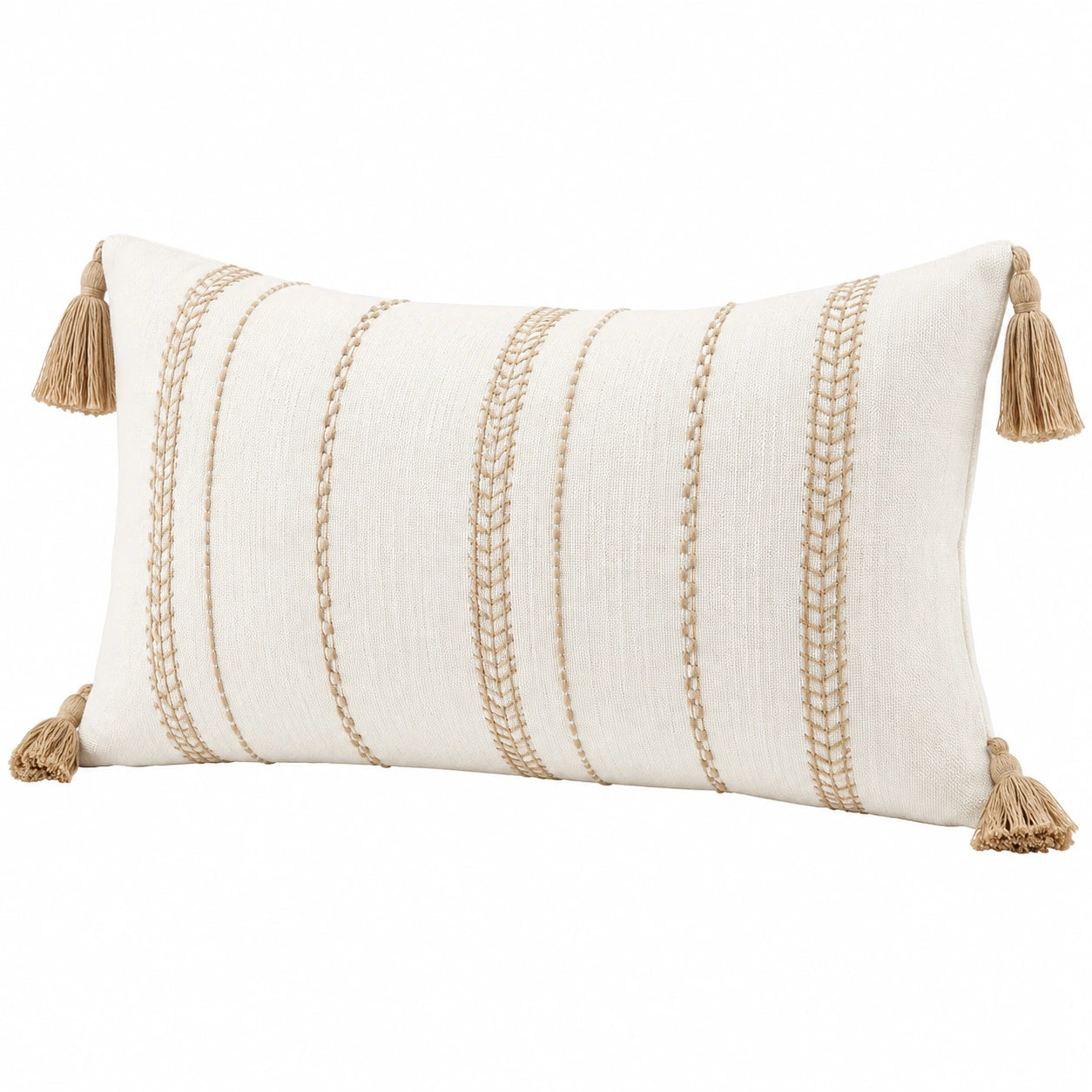 Dekokissen 50 cm x 30 cm aus Webstoff in Cremebeige mit Quasten im Boho Stil