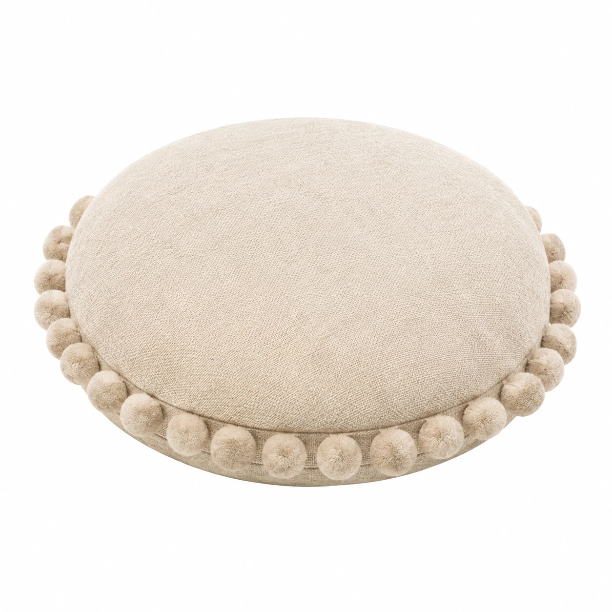 Rundes Dekokissen 40 cm aus Polyester in Beige mit Bommelrand